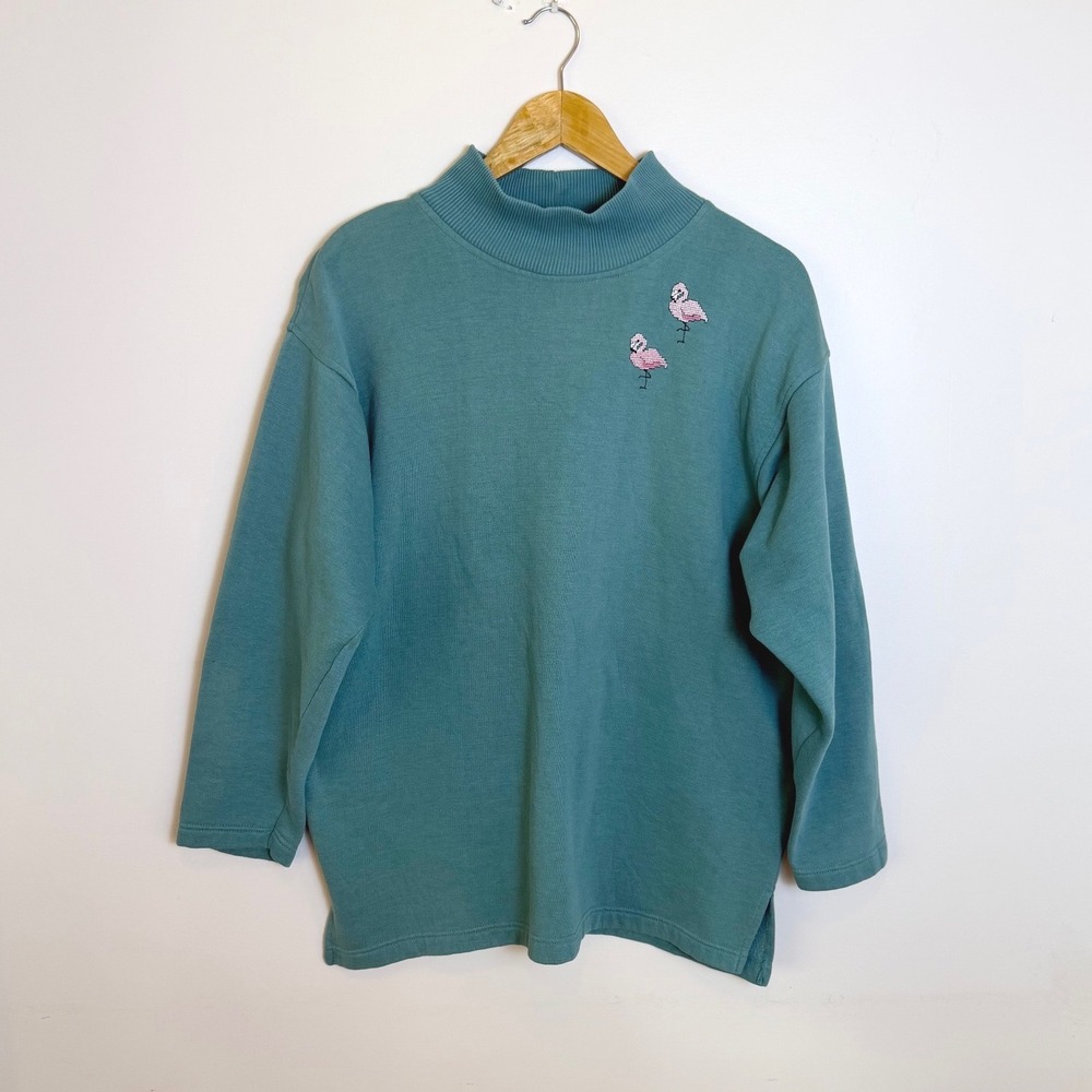 Vtg Mockneck Green Flamingo Sweatshirt Womens Large Retro Granny Cottagecore